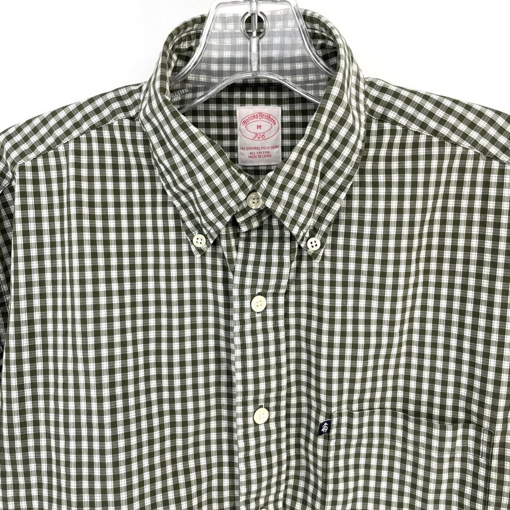 Brooks Brothers 346 Button Shirt Mens M Green Gingham Long Sleeve Cotton FLAW